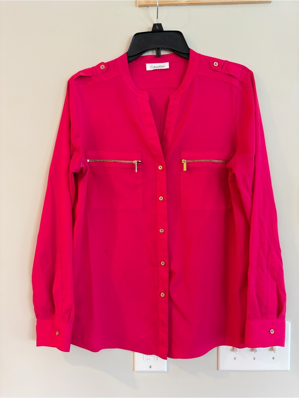 Calvin Klein Collection Hot Pink Button-Front Blouse with Zip Pockets